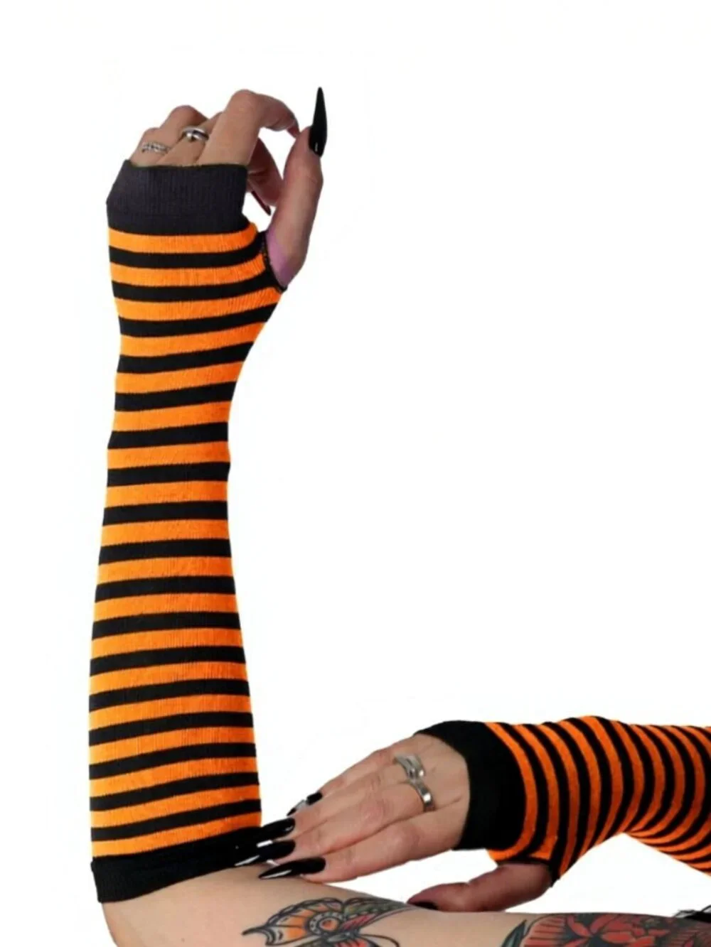 Orange & Black Striped Fingerless Gloves for Women